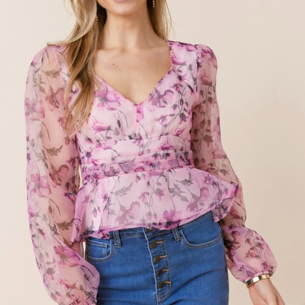Francesca’s Audrey Floral Organza Peplum Blouse (Size S)